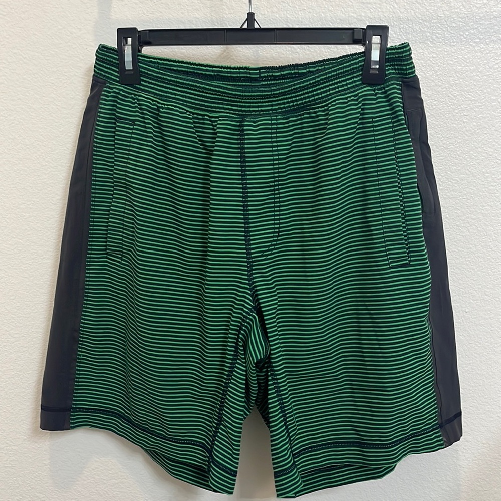 Lululemon Green Striped Gym Shorts 9in Inseam Compression Liner